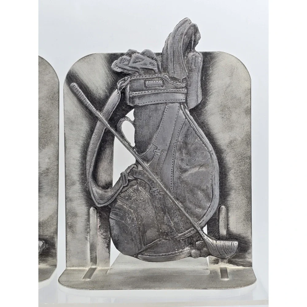 2 Lot Of VINTAGE Detailed Pewter Golf Bag & Clubs -‎ Bookends Silver Tone 6